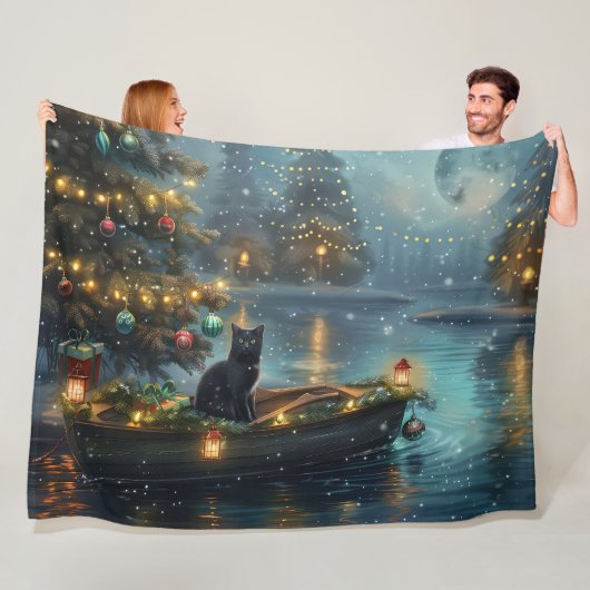 Zwarte Kat Kerst Feestelijke Reis Fleece Deken (In situ)