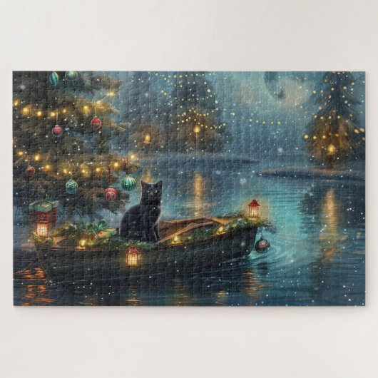 Zwarte Kat Kerst Feestelijke Reis Legpuzzel (Horizontaal)