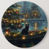 Zwarte Kat Kerst Feestelijke Reis Ronde Button 6,0 Cm (Voorkant)