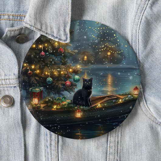 Zwarte Kat Kerst Feestelijke Reis Ronde Button 6,0 Cm (In situ)