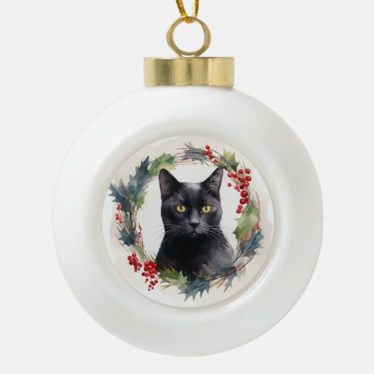 Zwarte Kat Kerst Krans Feestelijke Kitten Keramische Bal Ornament (Voorkant)