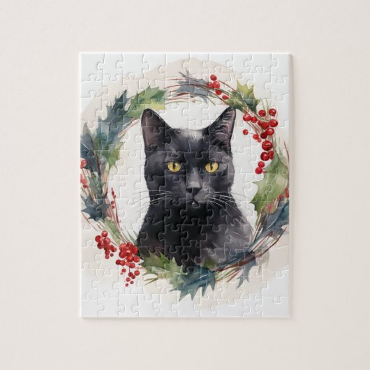 Zwarte Kat Kerst Krans Festieve Kitten Legpuzzel (Verticaal)