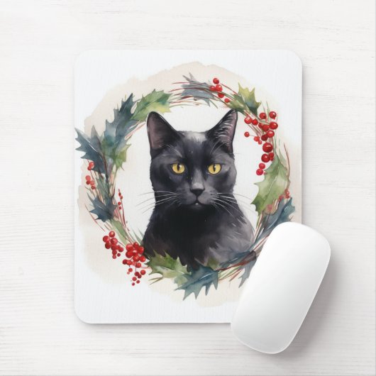 Zwarte Kat Kerst Krans Festieve Kitten Muismat (Met muis)