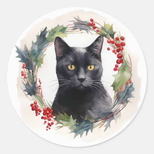 Zwarte Kat Kerst Krans Festieve Kitten Ronde Sticker (Voorkant)