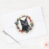 Zwarte Kat Kerst Krans Festieve Kitten Ronde Sticker (Envelop)