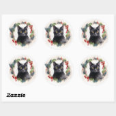 Zwarte Kat Kerst Krans Festieve Kitten Ronde Sticker (Vel)