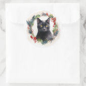 Zwarte Kat Kerst Krans Festieve Kitten Ronde Sticker (Tas)