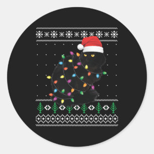 Zwarte Kat Kerst Lelijke trui Grappige Santa Kat S Ronde Sticker