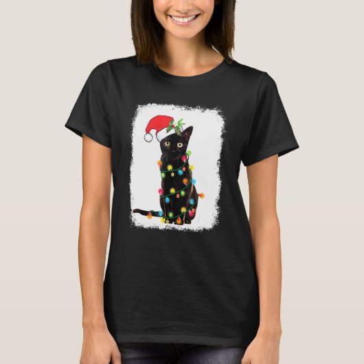 Zwarte Kat Kerst Licht Kat Kerstmis T-shirt (Voorkant)