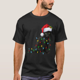 Zwarte Kat Kerst Licht Kerstman Hoed Kat Kerstmis T-shirt