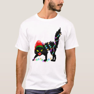 Zwarte kat kerst licht Mannen T-Shirt