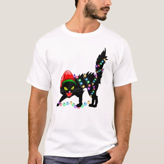Zwarte kat kerst licht Mannen T-Shirt (Voorkant)