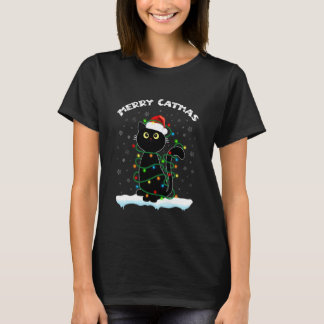 Zwarte Kat Kerst Licht Merry Catmas kat Draagt T-shirt