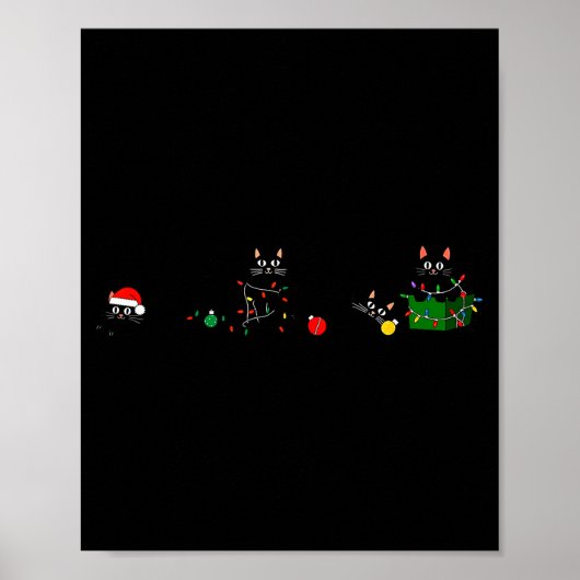 Zwarte Kat Kerst Licht Rendier Kerstman Kerstmis Poster (Voorkant)