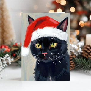 Zwarte Kat Kerst Schilderij Kerstman Hoed Feestdagen Kaart