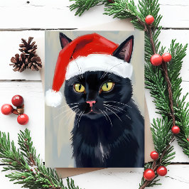Zwarte Kat Kerst Schilderij Kerstman Hoed Feestdagenkaart