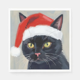 Zwarte Kat Kerst Schilderij Kerstman Hoed Servet