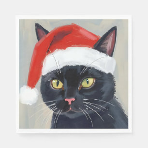 Zwarte Kat Kerst Schilderij Kerstman Hoed Servet
