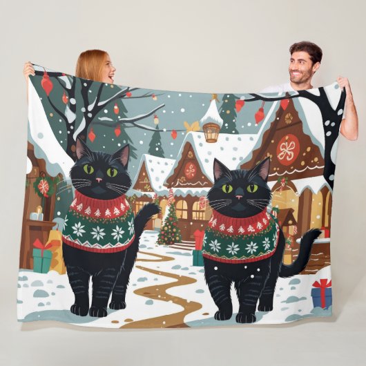 Zwarte Kat Kerst Sneeuw Vakantie Fleece Deken (In situ)