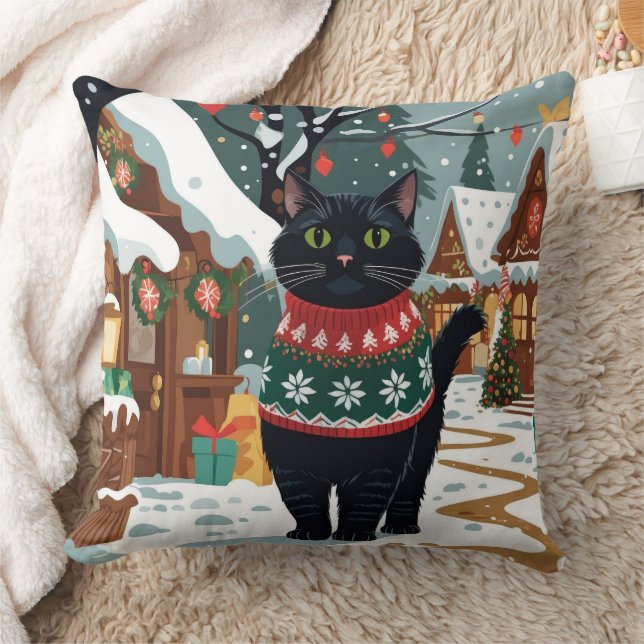 Zwarte Kat Kerst Sneeuw Vakantie Kussen (Deken)