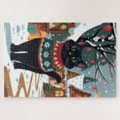 Zwarte Kat Kerst Sneeuw Vakantie Legpuzzel (Horizontaal)