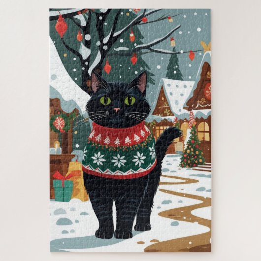 Zwarte Kat Kerst Sneeuw Vakantie Legpuzzel (Verticaal)
