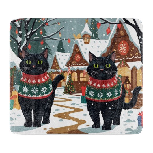 Zwarte Kat Kerst Sneeuw Vakantie Snijplank (Voorkant)