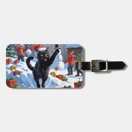 Zwarte Kat Kerst Sneeuwlandschap Bagagelabel (Voorkant horizontaal)