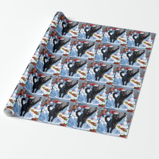 Zwarte Kat Kerst Sneeuwlandschap Cadeaupapier (Uitgerold)