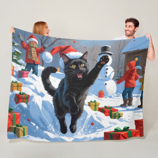 Zwarte Kat Kerst Sneeuwlandschap Fleece Deken (In situ)