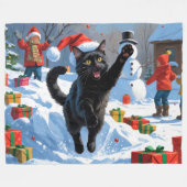 Zwarte Kat Kerst Sneeuwlandschap Fleece Deken (Voorkant (Horizontaal))