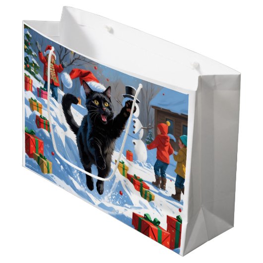 Zwarte Kat Kerst Sneeuwlandschap Groot Cadeauzakje (Voorkant Gekanteld)
