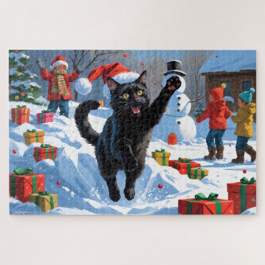 Zwarte Kat Kerst Sneeuwlandschap Legpuzzel (Horizontaal)