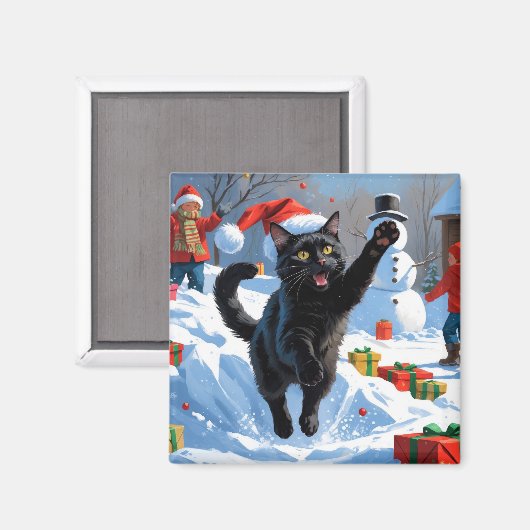 Zwarte Kat Kerst Sneeuwlandschap Magneet (Voorkant / Achterkant)