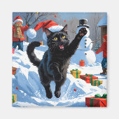 Zwarte Kat Kerst Sneeuwlandschap Magneet (Voorkant)