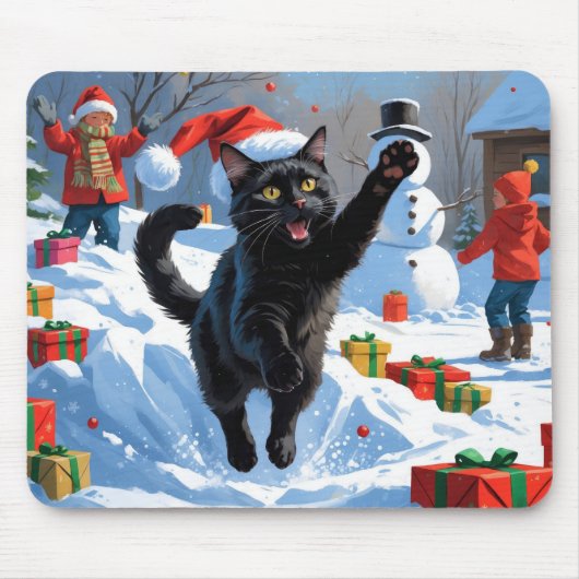 Zwarte Kat Kerst Sneeuwlandschap Muismat (Voorkant)
