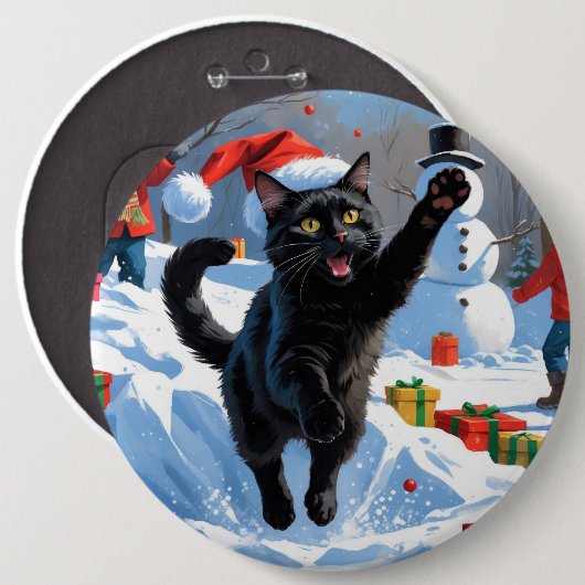 Zwarte Kat Kerst Sneeuwlandschap Ronde Button 6,0 Cm (Voorkant /achterkant)