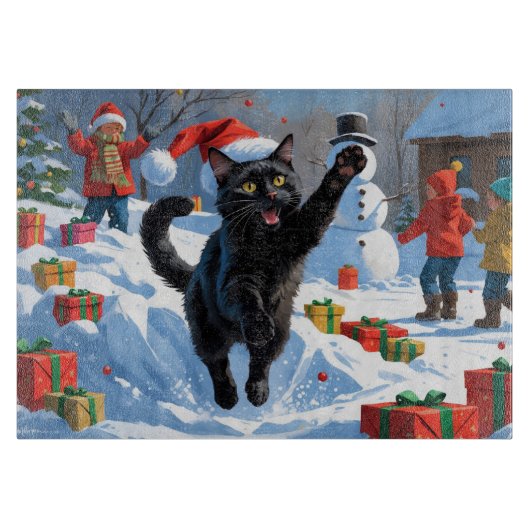Zwarte Kat Kerst Sneeuwlandschap Snijplank (Voorkant)
