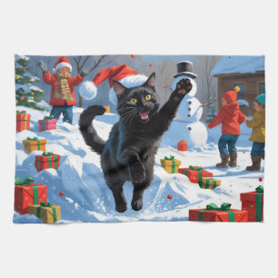 Zwarte Kat Kerst Sneeuwlandschap Theedoek