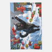 Zwarte Kat Kerst Sneeuwlandschap Theedoek (Verticaal)