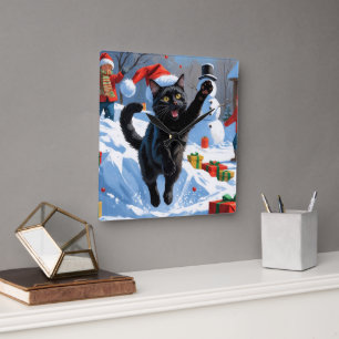 Zwarte Kat Kerst Sneeuwlandschap Vierkante Klok