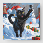 Zwarte Kat Kerst Sneeuwlandschap Vierkante Klok (Voorkant)