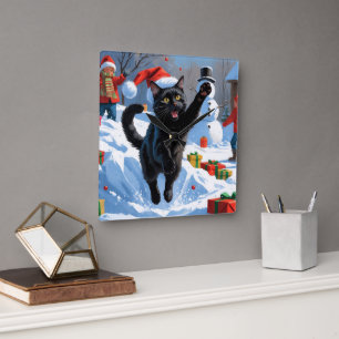 Zwarte Kat Kerst Sneeuwlandschap Vierkante Klok