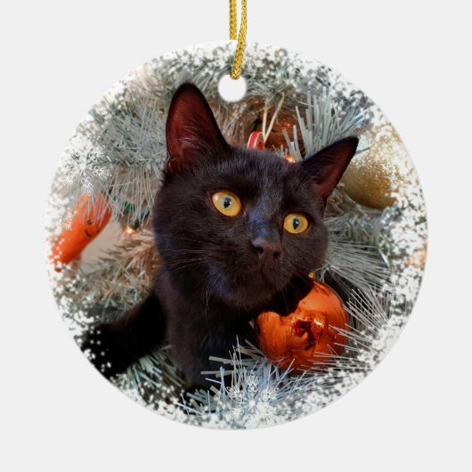 Zwarte kat, kerstboom keramisch ornament (Voorkant)