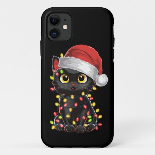 Zwarte Kat Kerstboom Lichtjes Grappige Kerstman Ki Case-Mate iPhone Case (Achterkant)