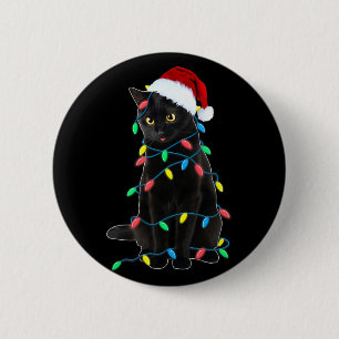 Zwarte Kat Kerstboom Lichtjes Grappige Kerstman Ki Ronde Button 5,7 Cm