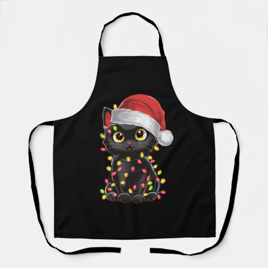 Zwarte Kat Kerstboom Lichtjes Grappige Kerstman Ki Schort (Voorkant)