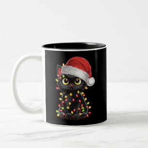 Zwarte Kat Kerstboom Lichtjes Grappige Kerstman Ki Tweekleurige Koffiemok