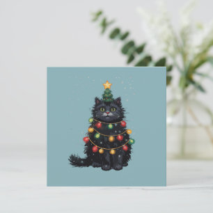Zwarte Kat Kerstboom Olie Schilderij Gewijzigd  Feestdagenkaart
