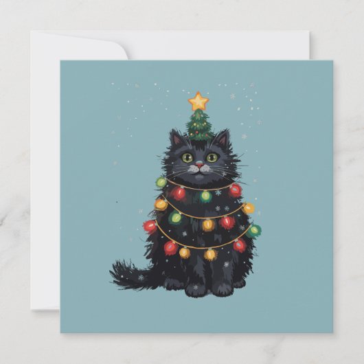Zwarte Kat Kerstboom Olie Schilderij Gewijzigd  Feestdagenkaart (Voorkant)